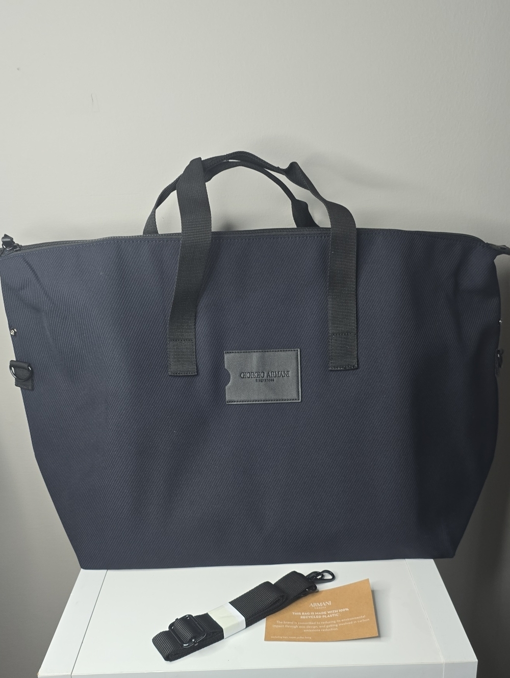 Giorgio Armani Navy Duffel Bag with Black Handles